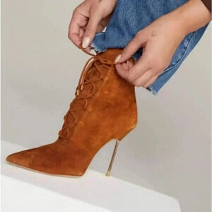 Good American Booties Suede Tobacco Cognac Lace Up Scandal 9